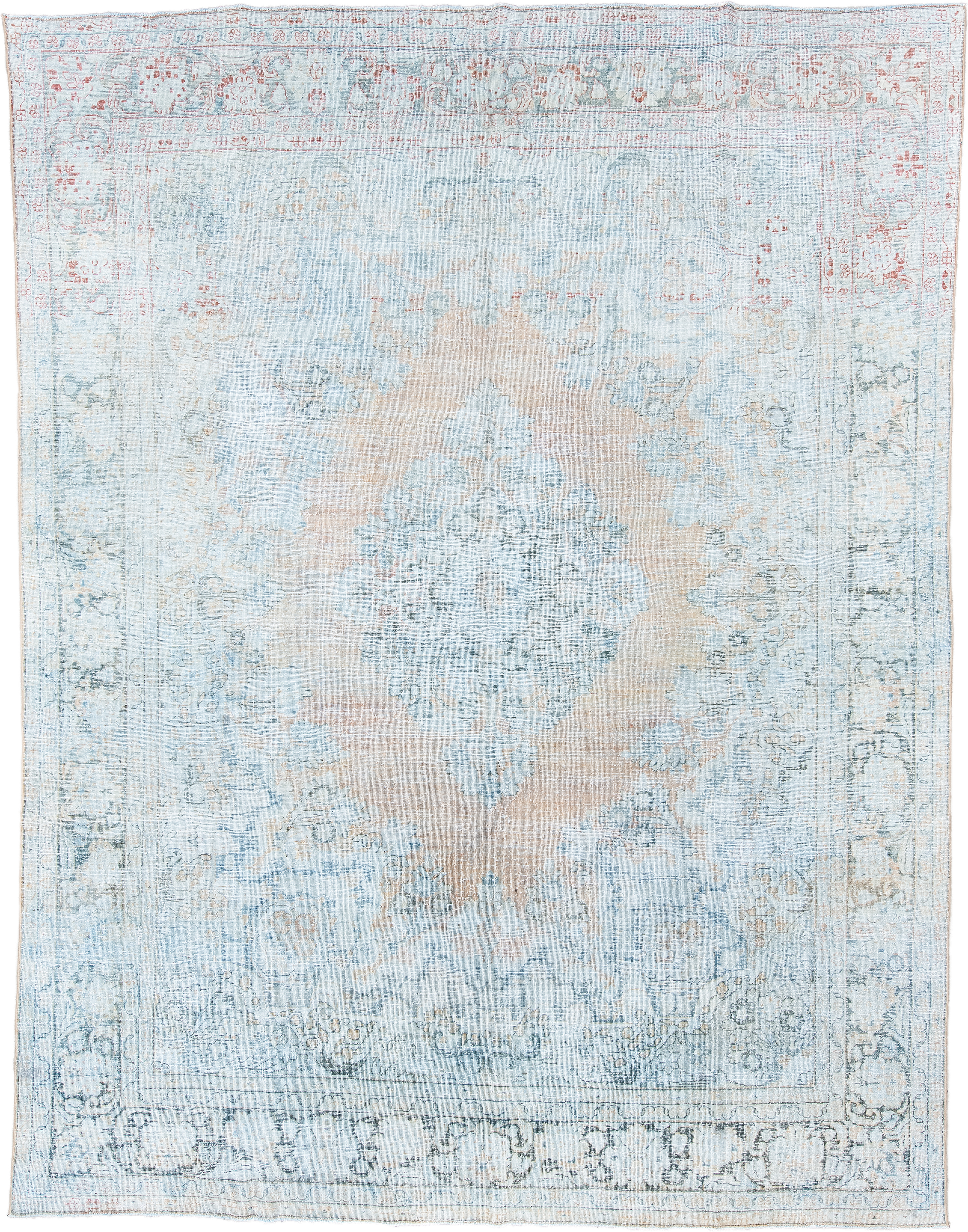 10' x 13' one-of-a-kind handmade antique Mahal large size rug. Color palette: pale blue, ivory, blush, muted rust, taupe