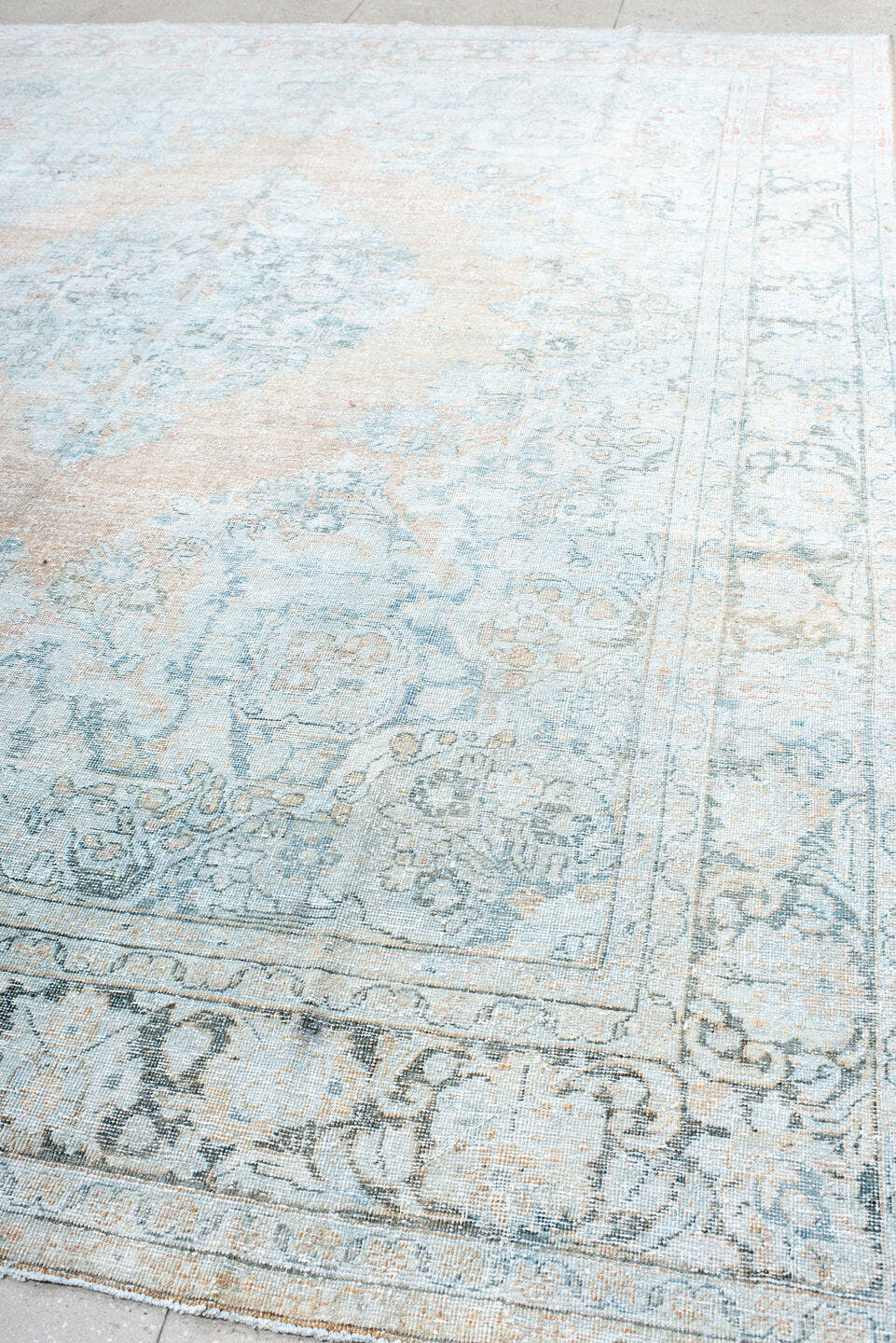 10' x 13' one-of-a-kind handmade antique Mahal large size rug. Color palette: pale blue, ivory, blush, muted rust, taupe
