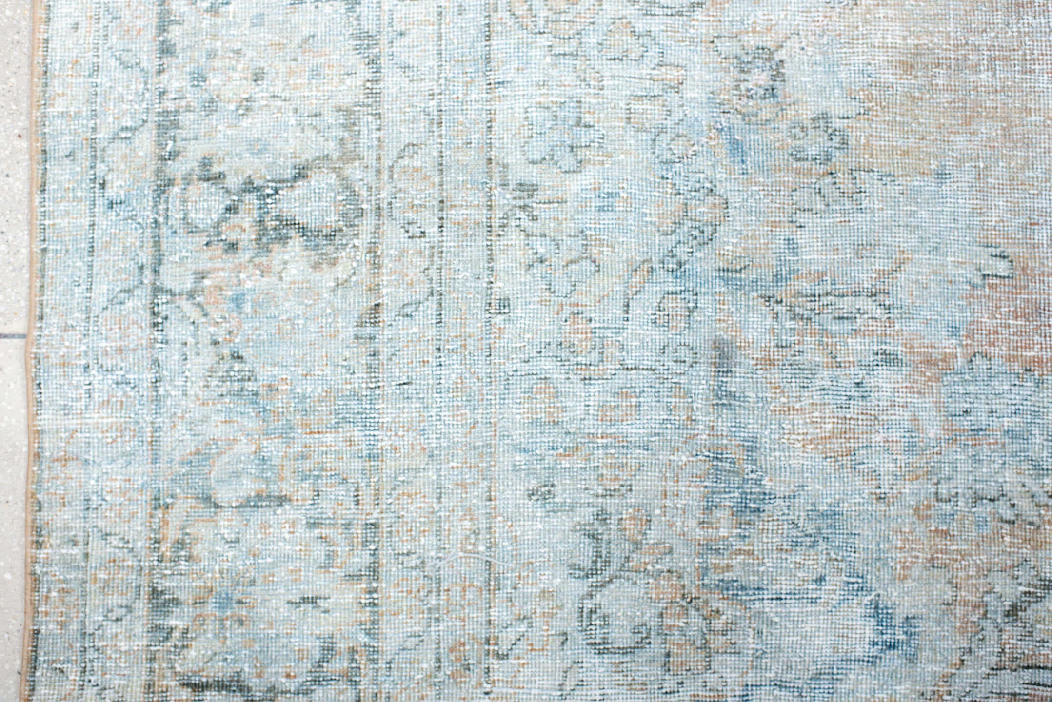 10' x 13' one-of-a-kind handmade antique Mahal large size rug. Color palette: pale blue, ivory, blush, muted rust, taupe