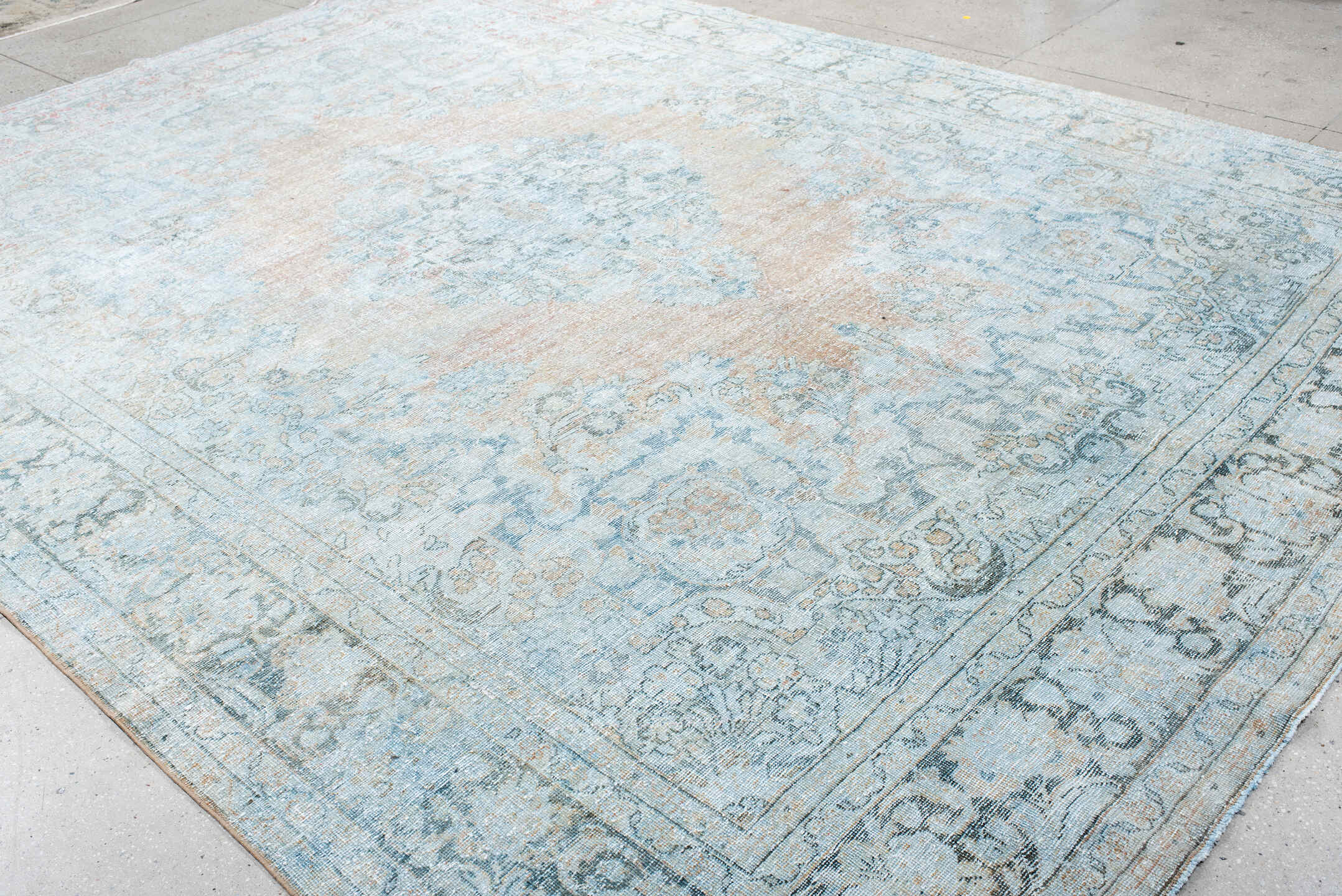 10' x 13' one-of-a-kind handmade antique Mahal large size rug. Color palette: pale blue, ivory, blush, muted rust, taupe