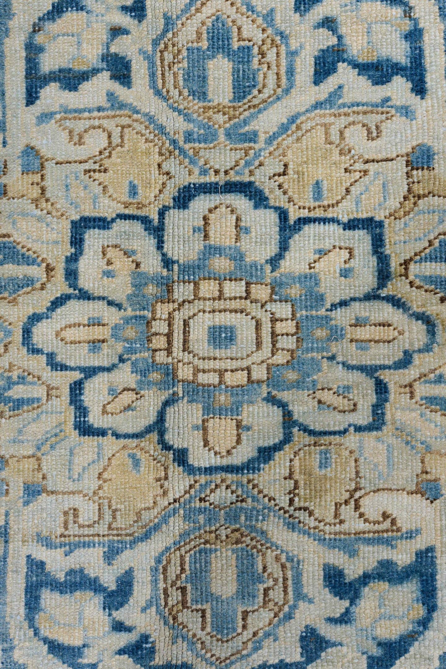 9' x 12' one-of-a-kind handmade antique Heriz large size rug. Color palette: ivory, sky blue, beige, camel, slate, taupe