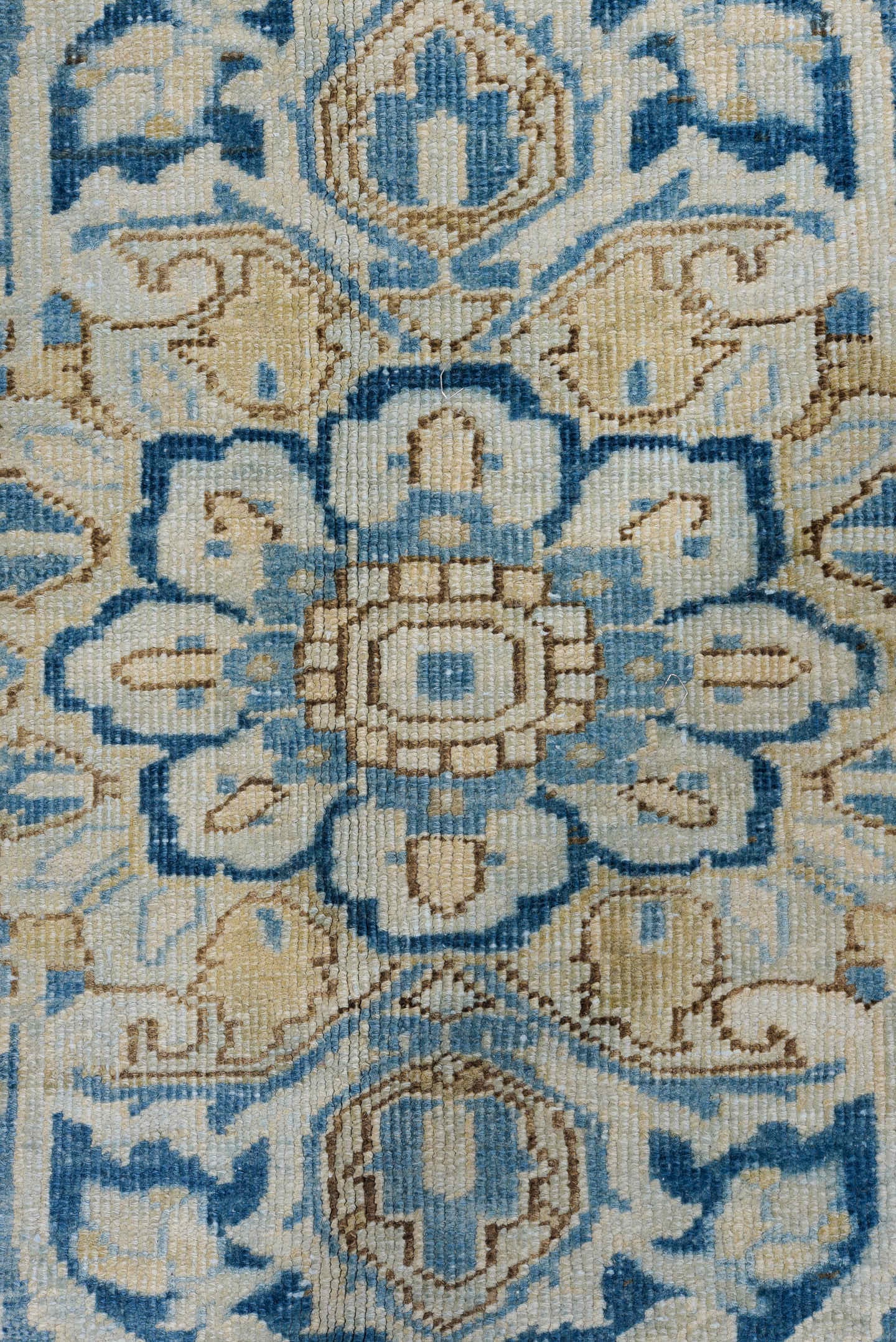 9' x 12' one-of-a-kind handmade antique Heriz large size rug. Color palette: ivory, sky blue, beige, camel, slate, taupe