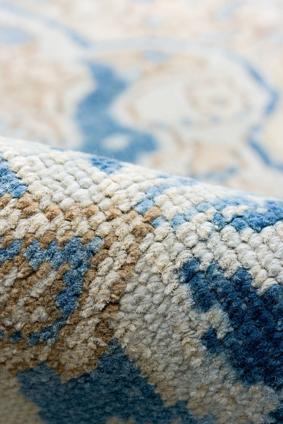 9' x 12' one-of-a-kind handmade antique Heriz large size rug. Color palette: ivory, sky blue, beige, camel, slate, taupe