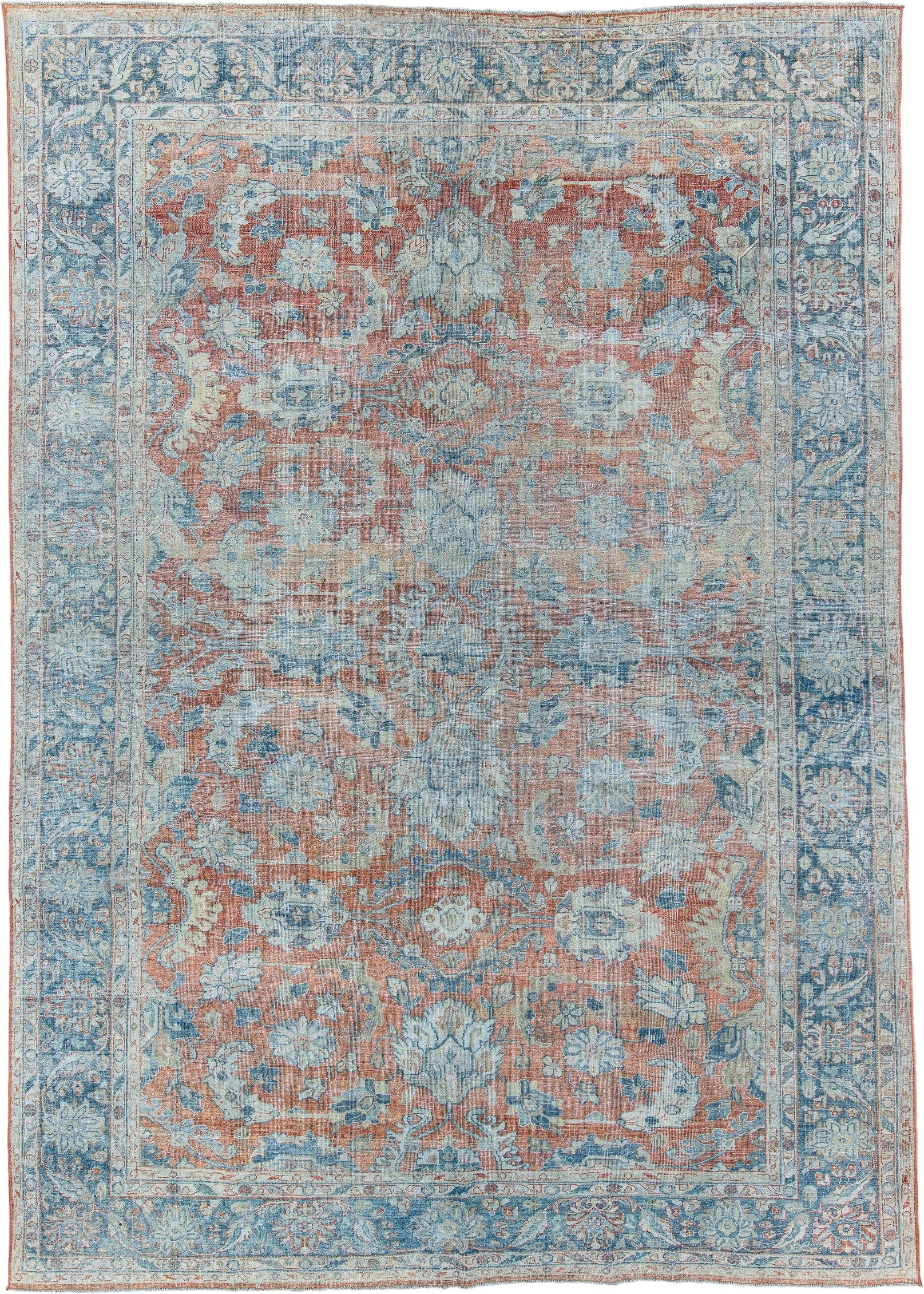 8' x 12' one-of-a-kind handmade antique Mahal large size rug. Color palette: terra cotta, pale blue, ivory, sky blue
