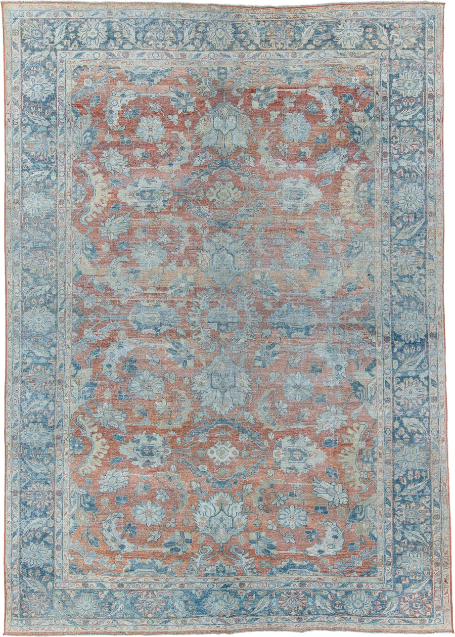 8' x 12' one-of-a-kind handmade antique Mahal large size rug. Color palette: terra cotta, pale blue, ivory, sky blue
