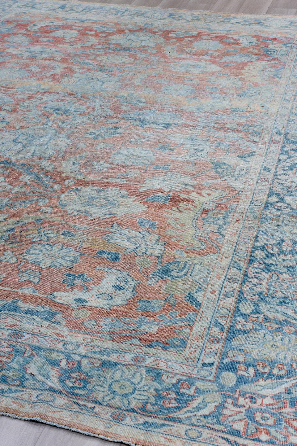 8' x 12' one-of-a-kind handmade antique Mahal large size rug. Color palette: terra cotta, pale blue, ivory, sky blue