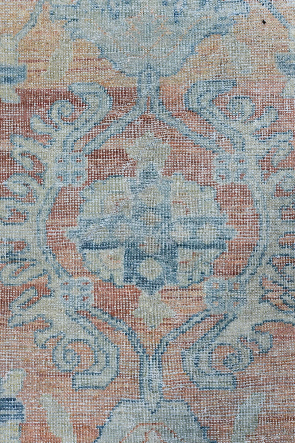8' x 12' one-of-a-kind handmade antique Mahal large size rug. Color palette: terra cotta, pale blue, ivory, sky blue