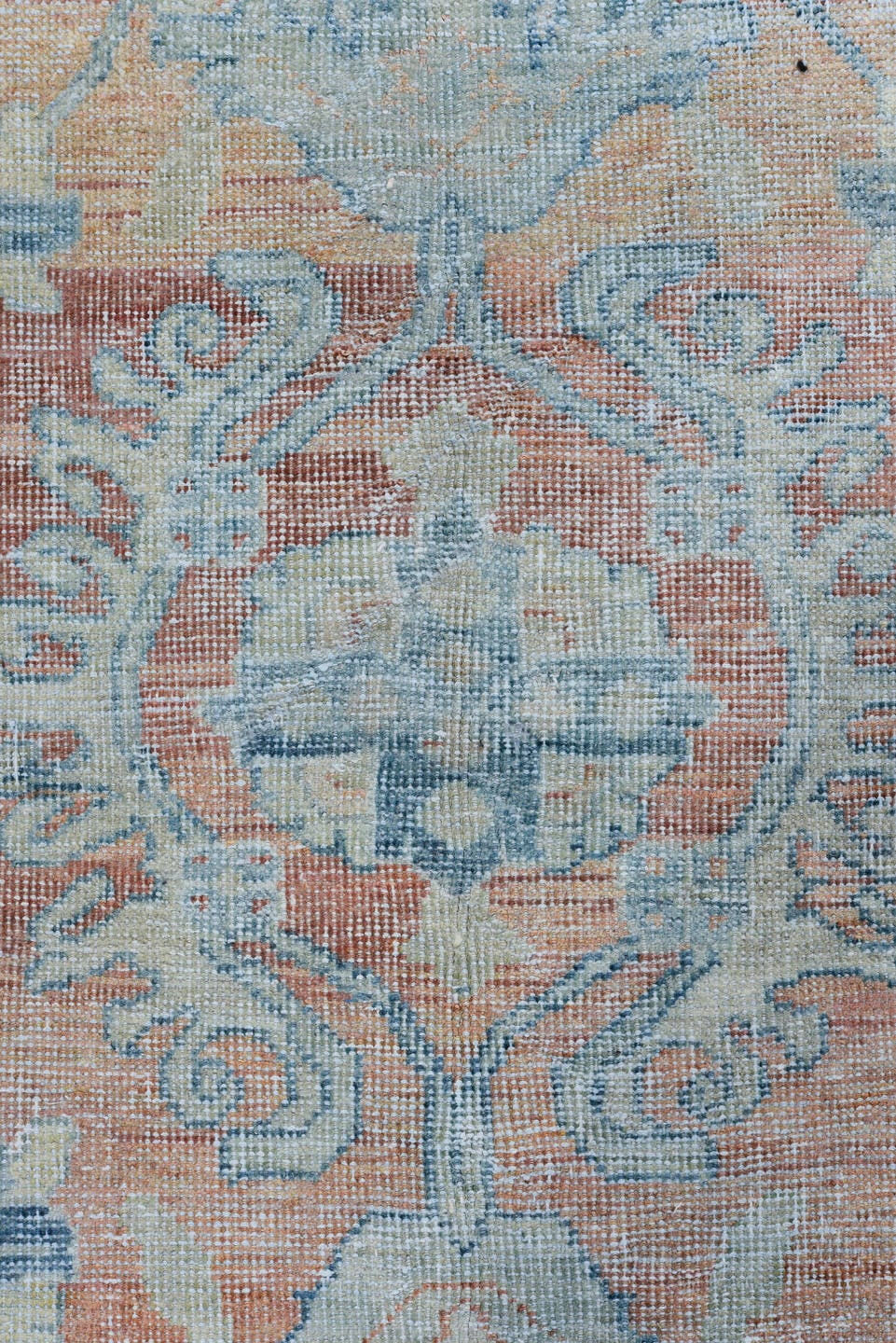 8' x 12' one-of-a-kind handmade antique Mahal large size rug. Color palette: terra cotta, pale blue, ivory, sky blue