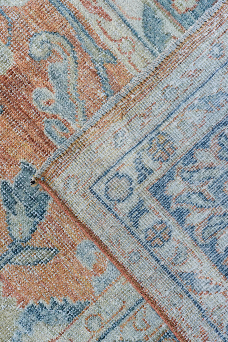 8' x 12' one-of-a-kind handmade antique Mahal large size rug. Color palette: terra cotta, pale blue, ivory, sky blue