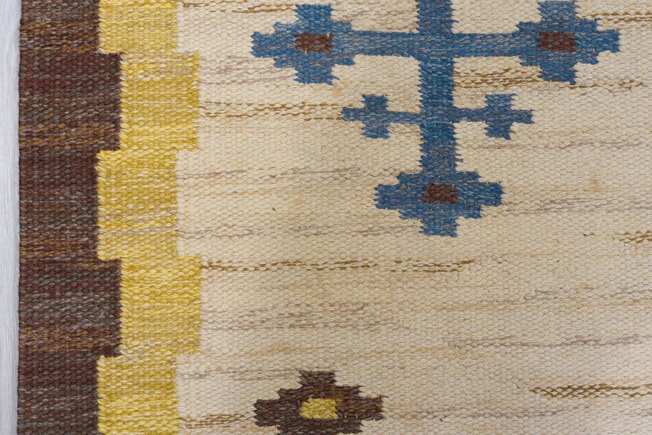 5' x 6' one-of-a-kind handmade vintage Rollaken rug. Color palette: blue, brown, gray, light gray, off-white, orange, pink