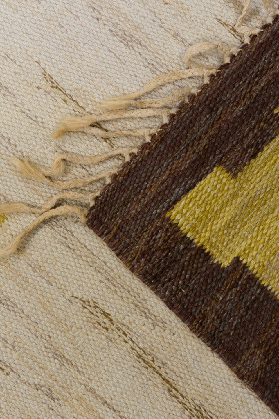 5' x 6' one-of-a-kind handmade vintage Rollaken rug. Color palette: blue, brown, gray, light gray, off-white, orange, pink