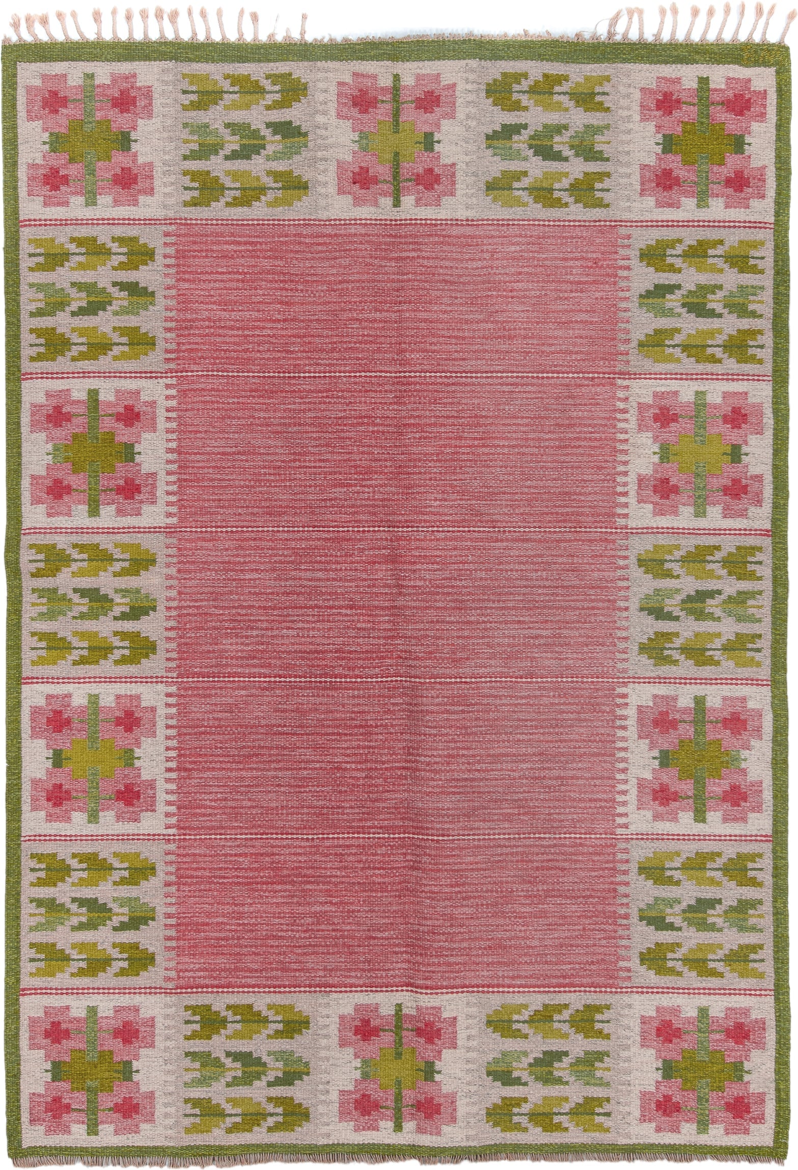 6' x 9' one-of-a-kind handmade vintage Rollaken medium size rug. Color palette: rose, ivory, olive, sage, pink, red, green