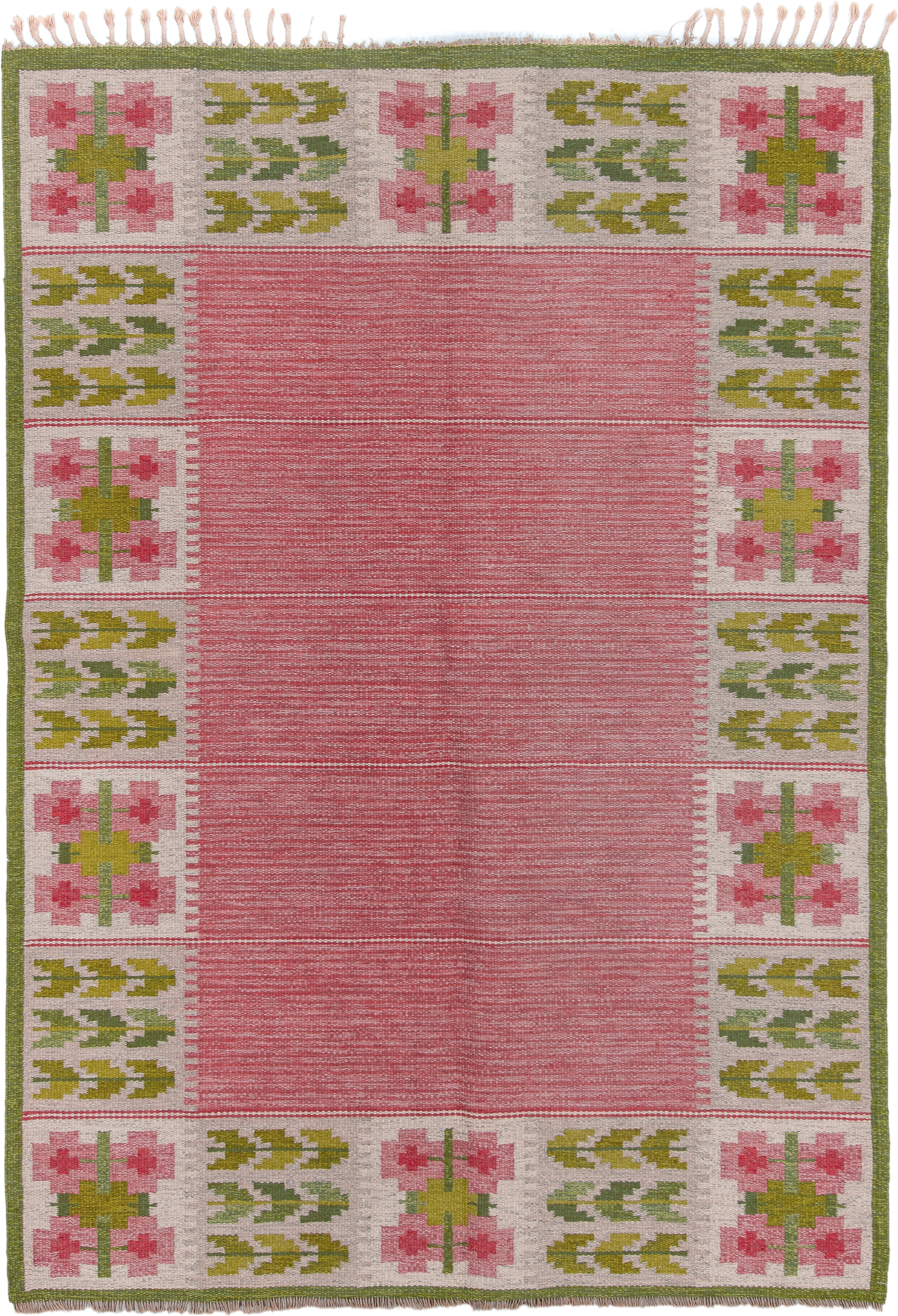 6' x 9' one-of-a-kind handmade vintage Rollaken medium size rug. Color palette: rose, ivory, olive, sage, pink, red, green