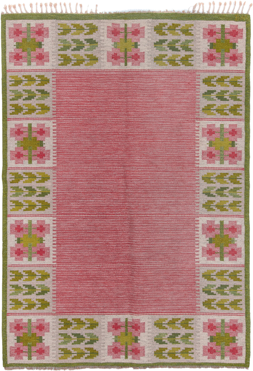6' x 9' one-of-a-kind handmade vintage Rollaken medium size rug. Color palette: rose, ivory, olive, sage, pink, red, green