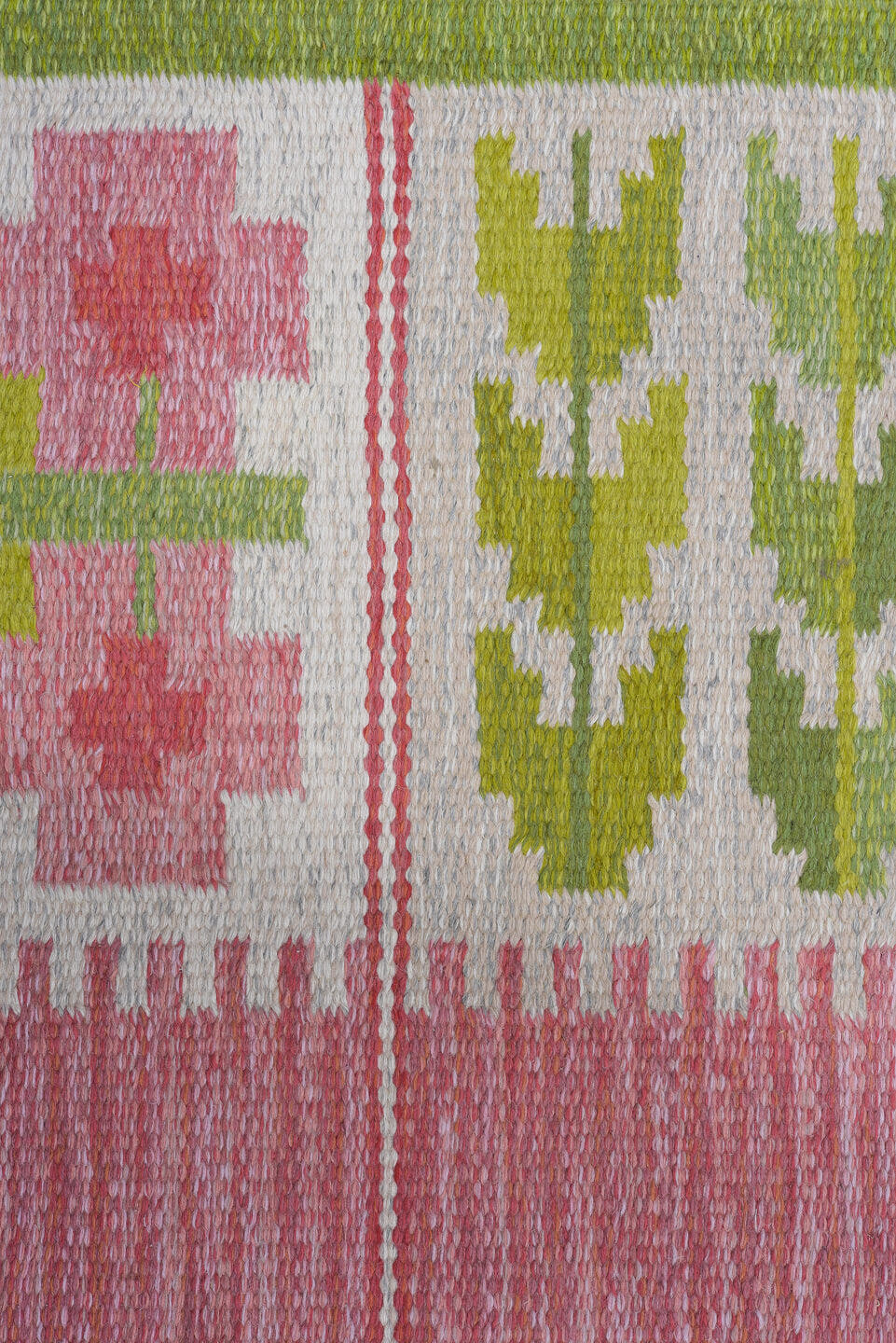 6' x 9' one-of-a-kind handmade vintage Rollaken medium size rug. Color palette: rose, ivory, olive, sage, pink, red, green