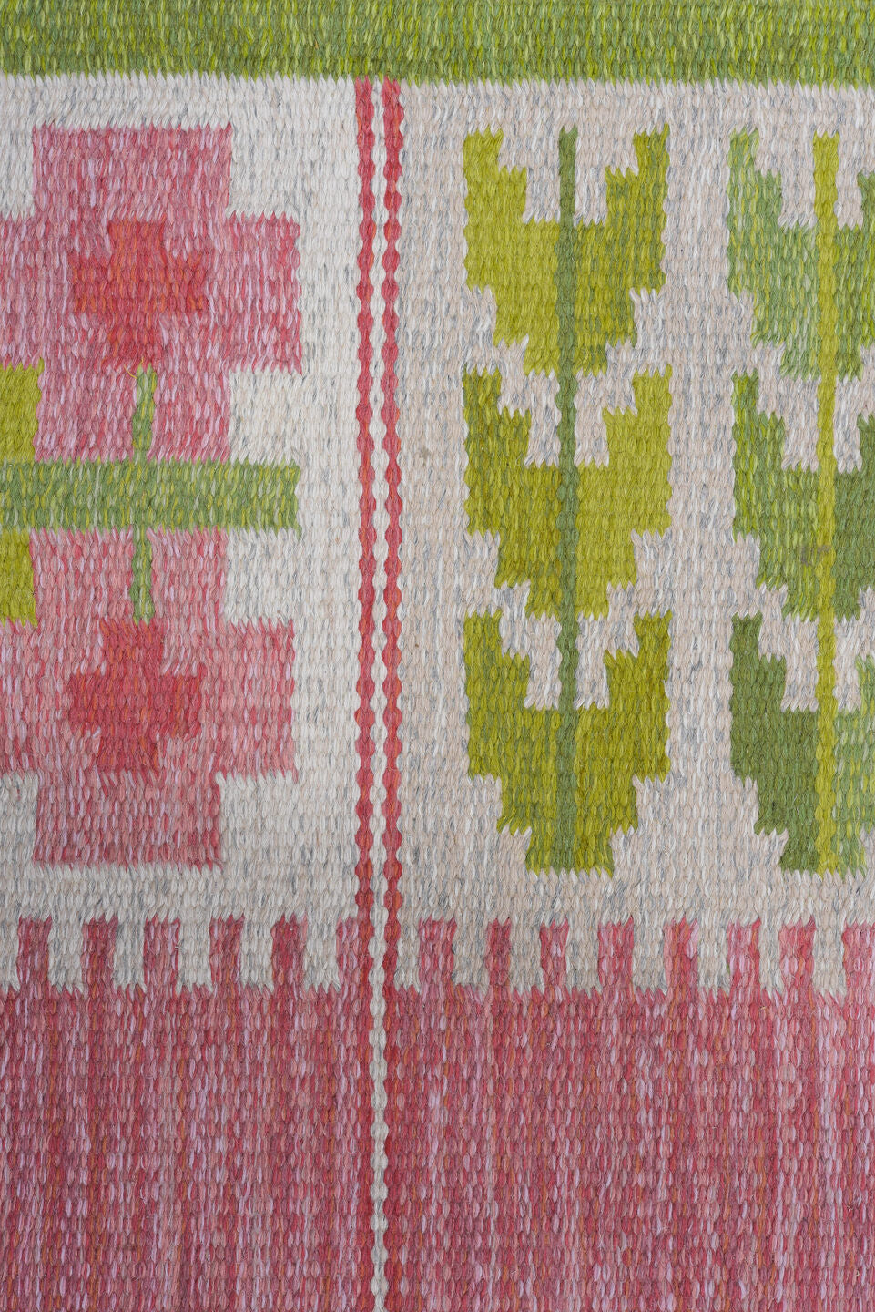 6' x 9' one-of-a-kind handmade vintage Rollaken medium size rug. Color palette: rose, ivory, olive, sage, pink, red, green