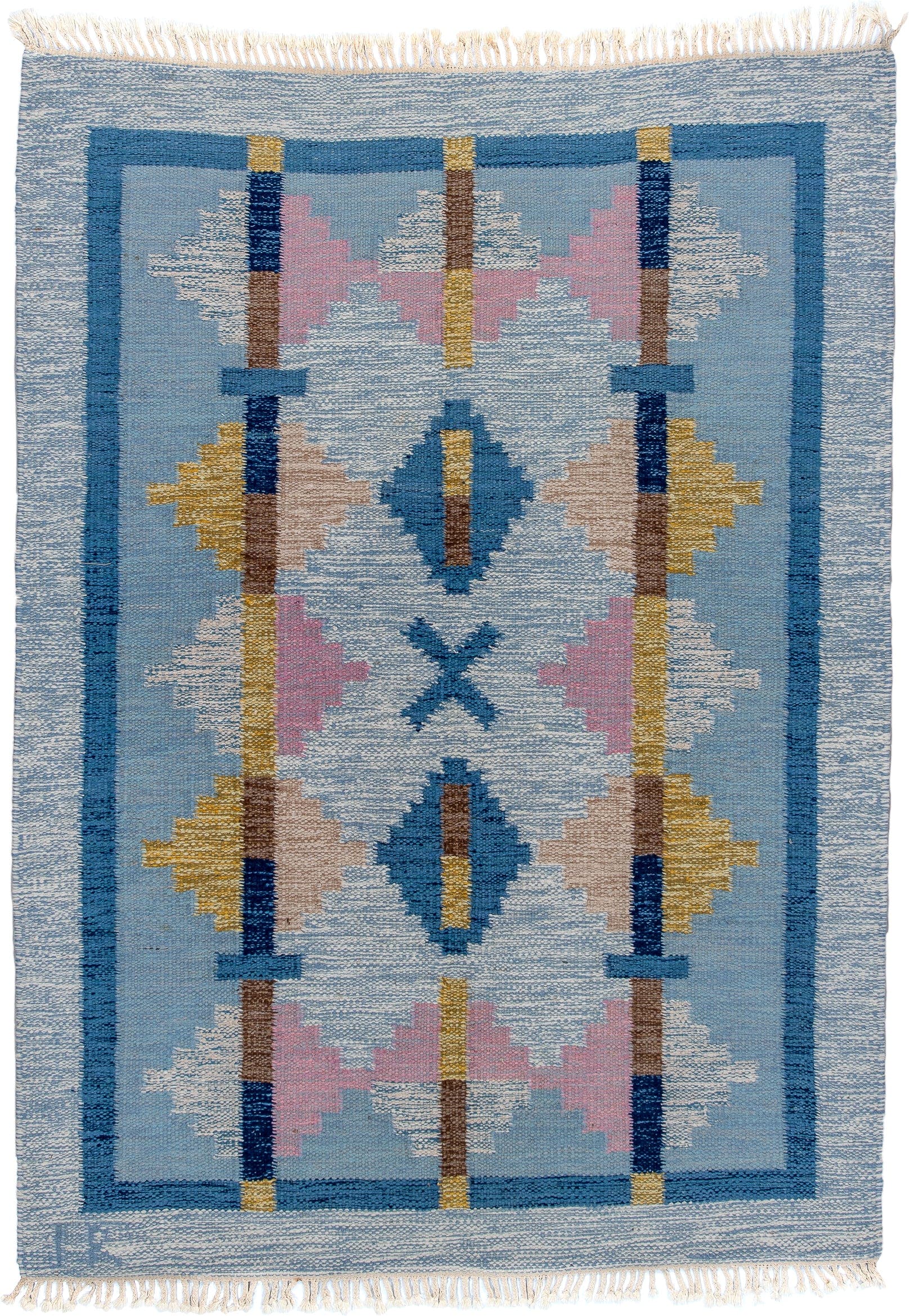 4' x 6' one-of-a-kind handmade vintage Rollaken small size rug. Color palette: light blue, ivory, blue, navy, pink, gold