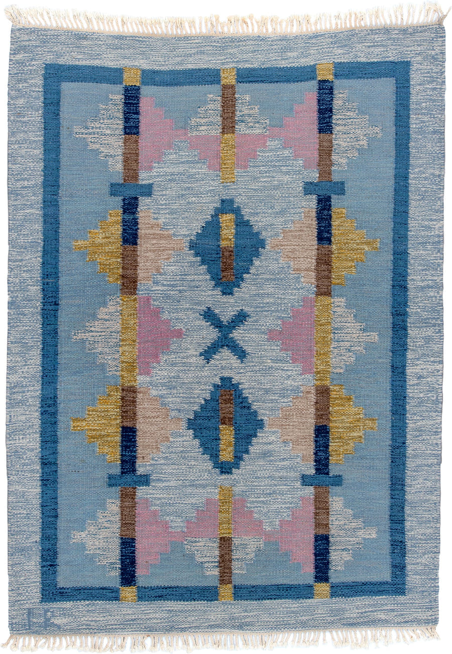 4' x 6' one-of-a-kind handmade vintage Rollaken small size rug. Color palette: light blue, ivory, blue, navy, pink, gold