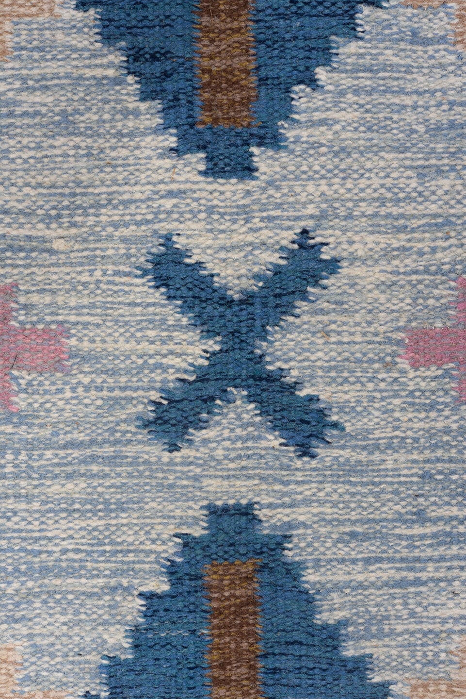 4' x 6' one-of-a-kind handmade vintage Rollaken small size rug. Color palette: light blue, ivory, blue, navy, pink, gold