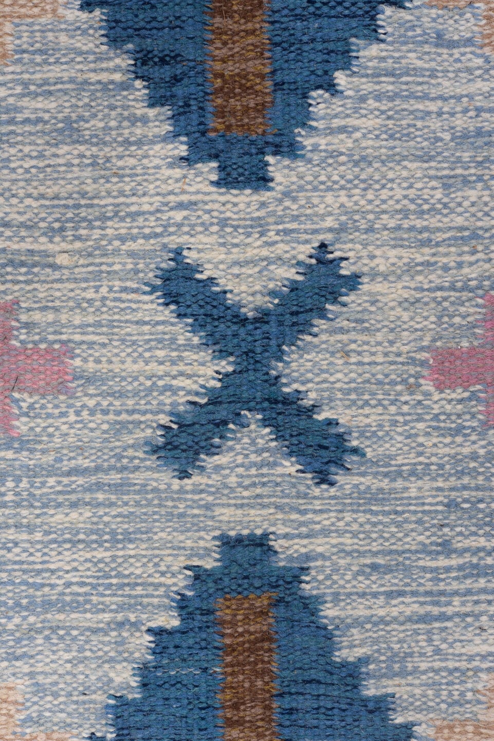 4' x 6' one-of-a-kind handmade vintage Rollaken small size rug. Color palette: light blue, ivory, blue, navy, pink, gold