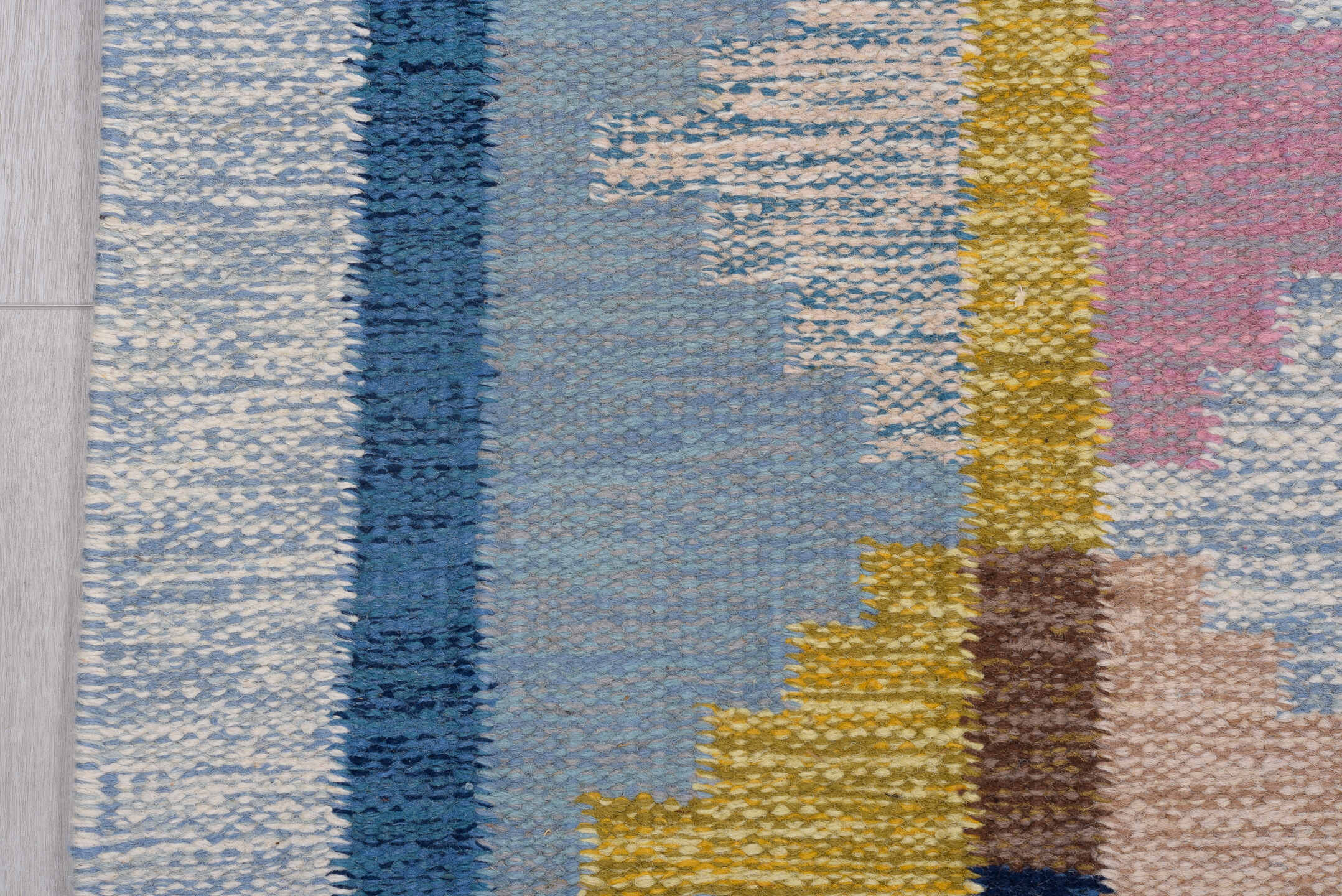 4' x 6' one-of-a-kind handmade vintage Rollaken small size rug. Color palette: light blue, ivory, blue, navy, pink, gold