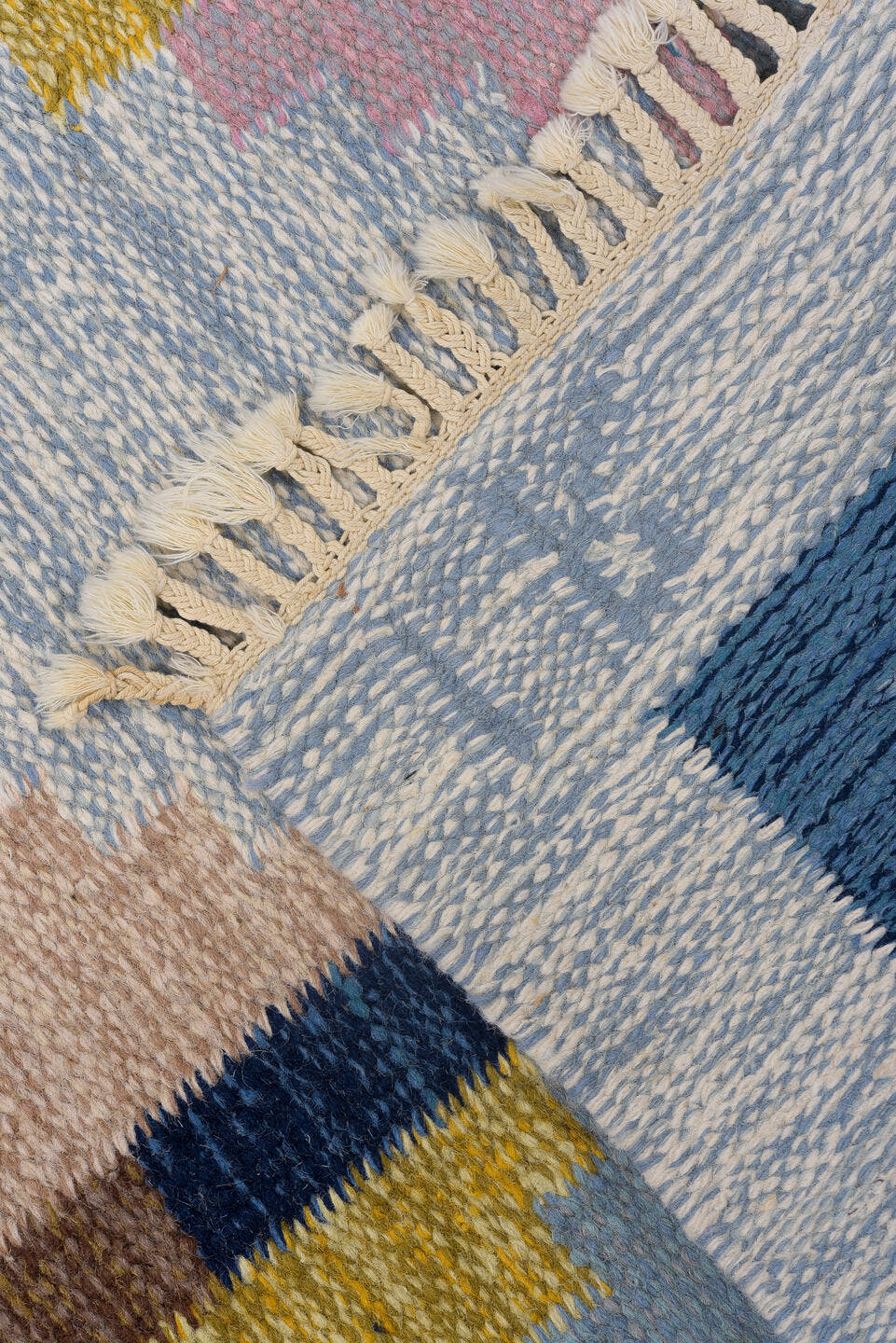 4' x 6' one-of-a-kind handmade vintage Rollaken small size rug. Color palette: light blue, ivory, blue, navy, pink, gold