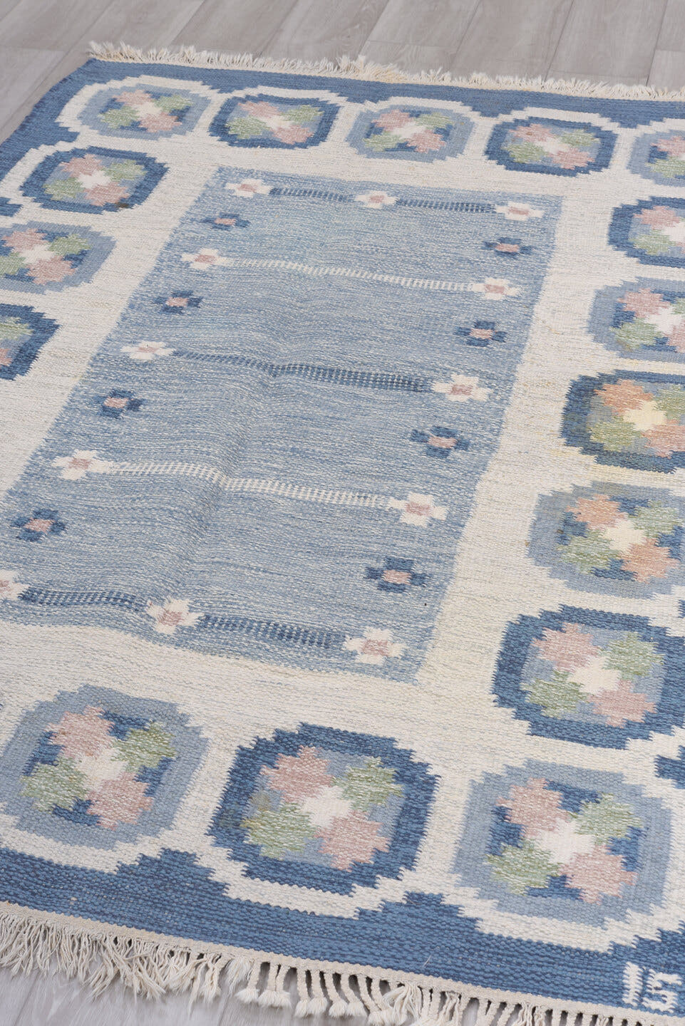 4' x 6' one-of-a-kind handmade vintage Rollaken small size rug. Color palette: blue, ivory, light blue, blush, sage, pink
