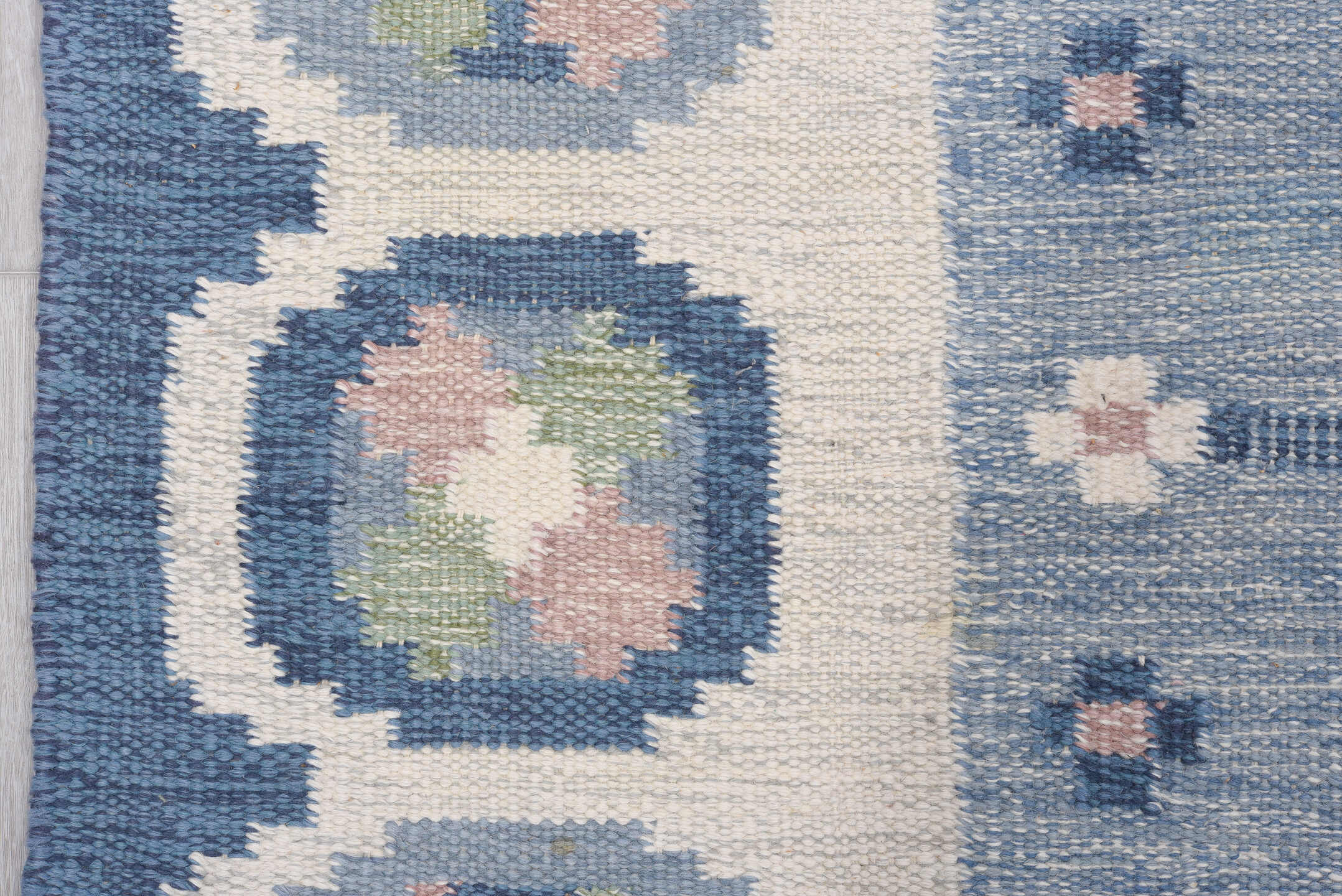 4' x 6' one-of-a-kind handmade vintage Rollaken small size rug. Color palette: blue, ivory, light blue, blush, sage, pink