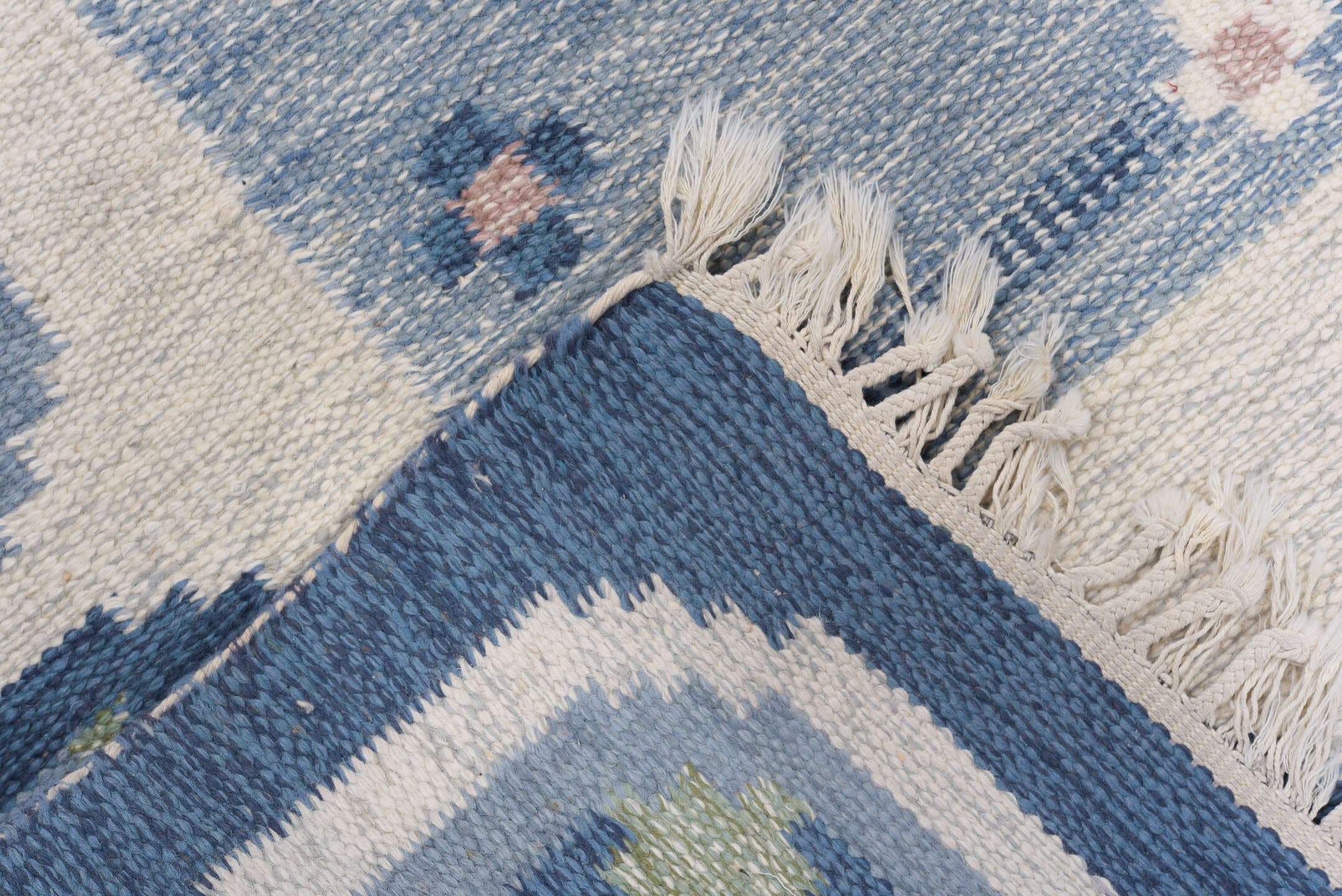 4' x 6' one-of-a-kind handmade vintage Rollaken small size rug. Color palette: blue, ivory, light blue, blush, sage, pink