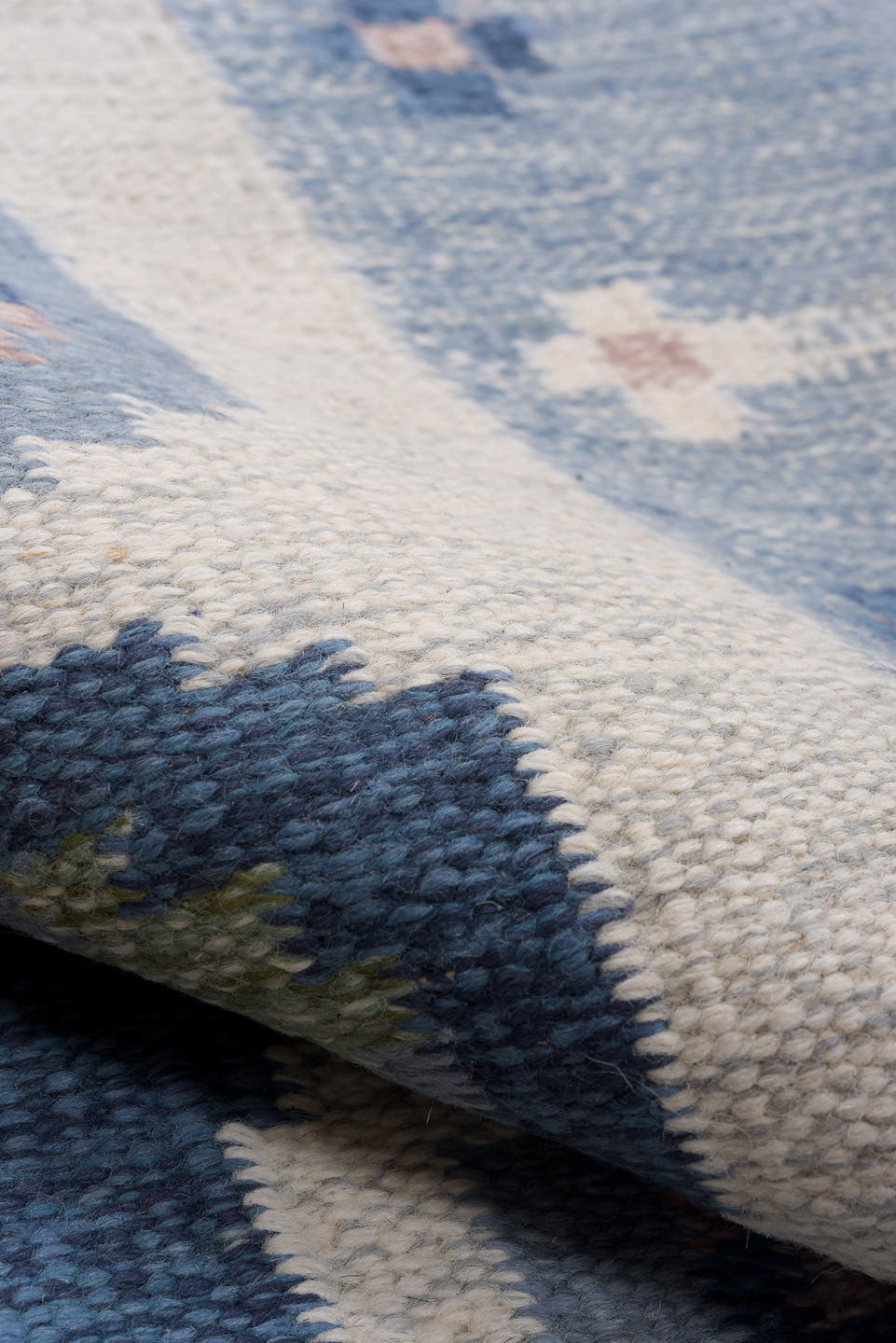 4' x 6' one-of-a-kind handmade vintage Rollaken small size rug. Color palette: blue, ivory, light blue, blush, sage, pink
