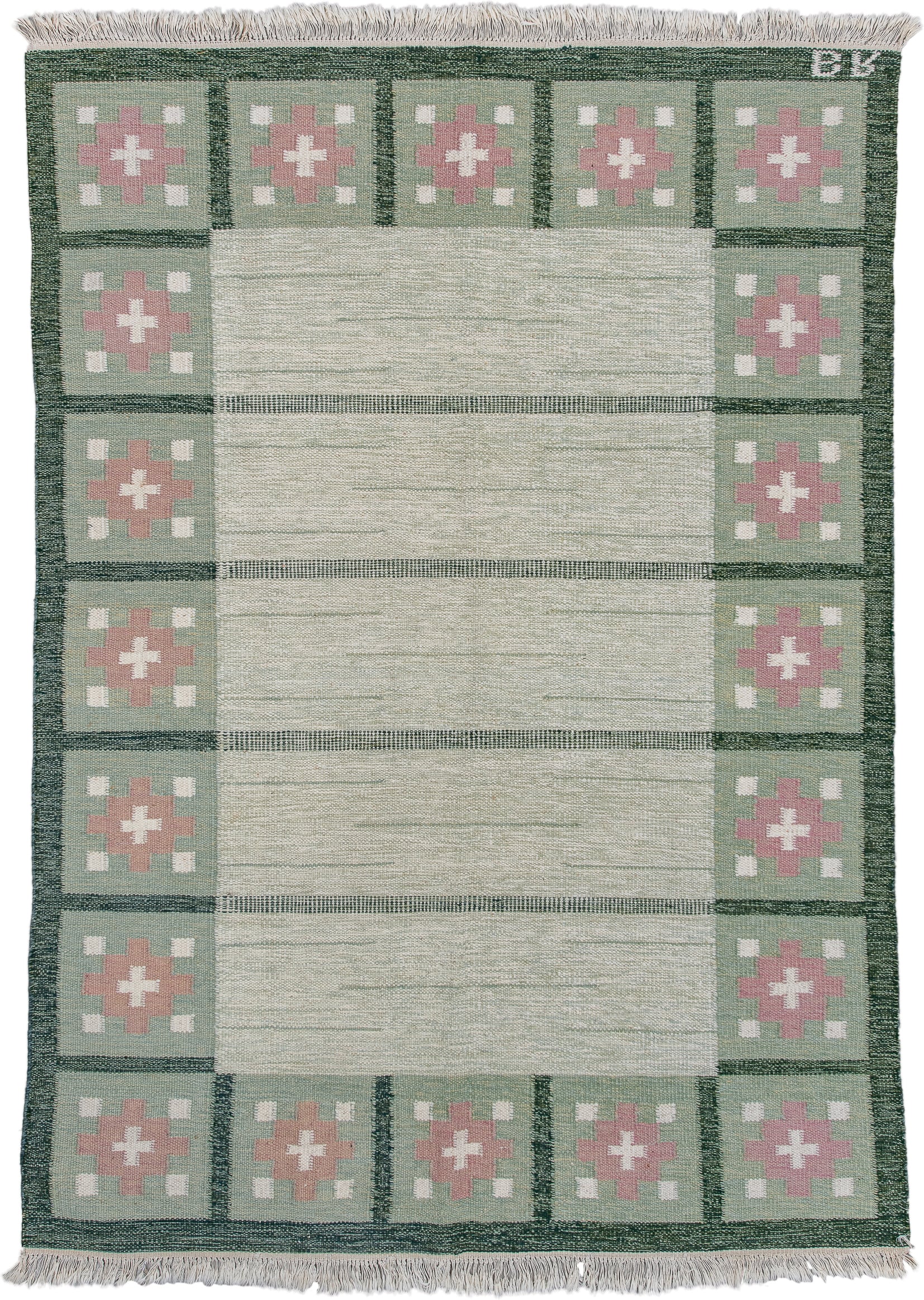 5' x 8' one-of-a-kind handmade antique Rollaken medium size rug. Color palette: ivory, sage, green, rose, cream, pink, red