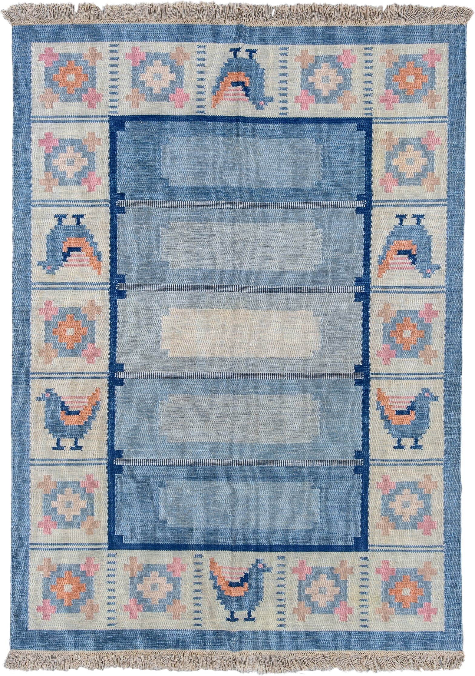 5' x 7' one-of-a-kind handmade antique Rollaken rug. Color palette: blue, ivory, navy, peach, pink, beige, terracotta