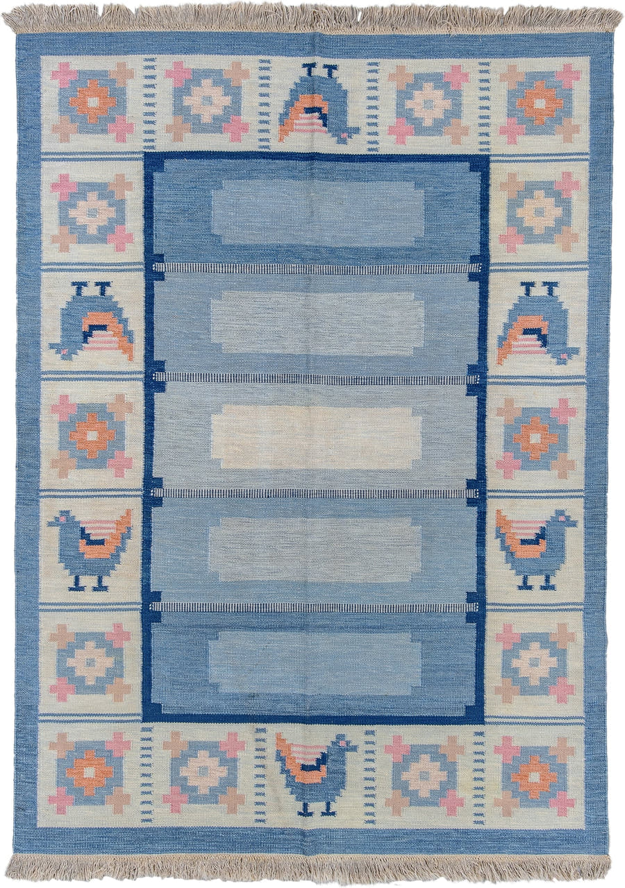 5' x 7' one-of-a-kind handmade antique Rollaken rug. Color palette: blue, ivory, navy, peach, pink, beige, terracotta