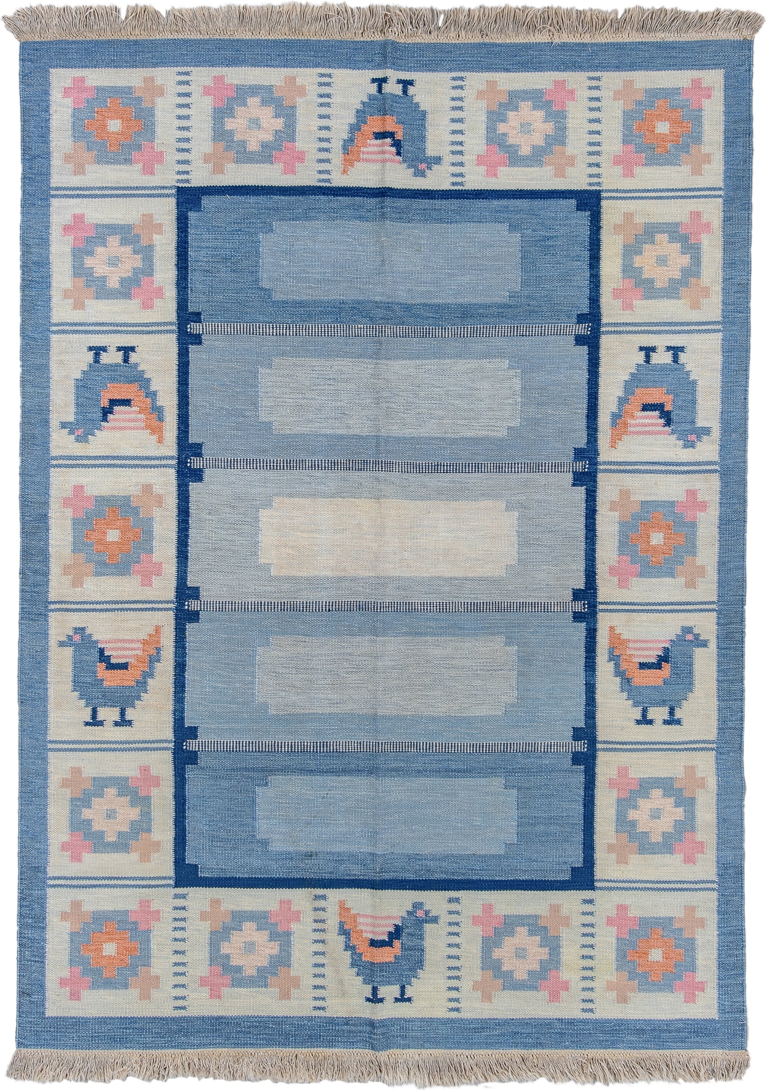 5' x 7' one-of-a-kind handmade antique Rollaken rug. Color palette: blue, ivory, navy, peach, pink, beige, terracotta