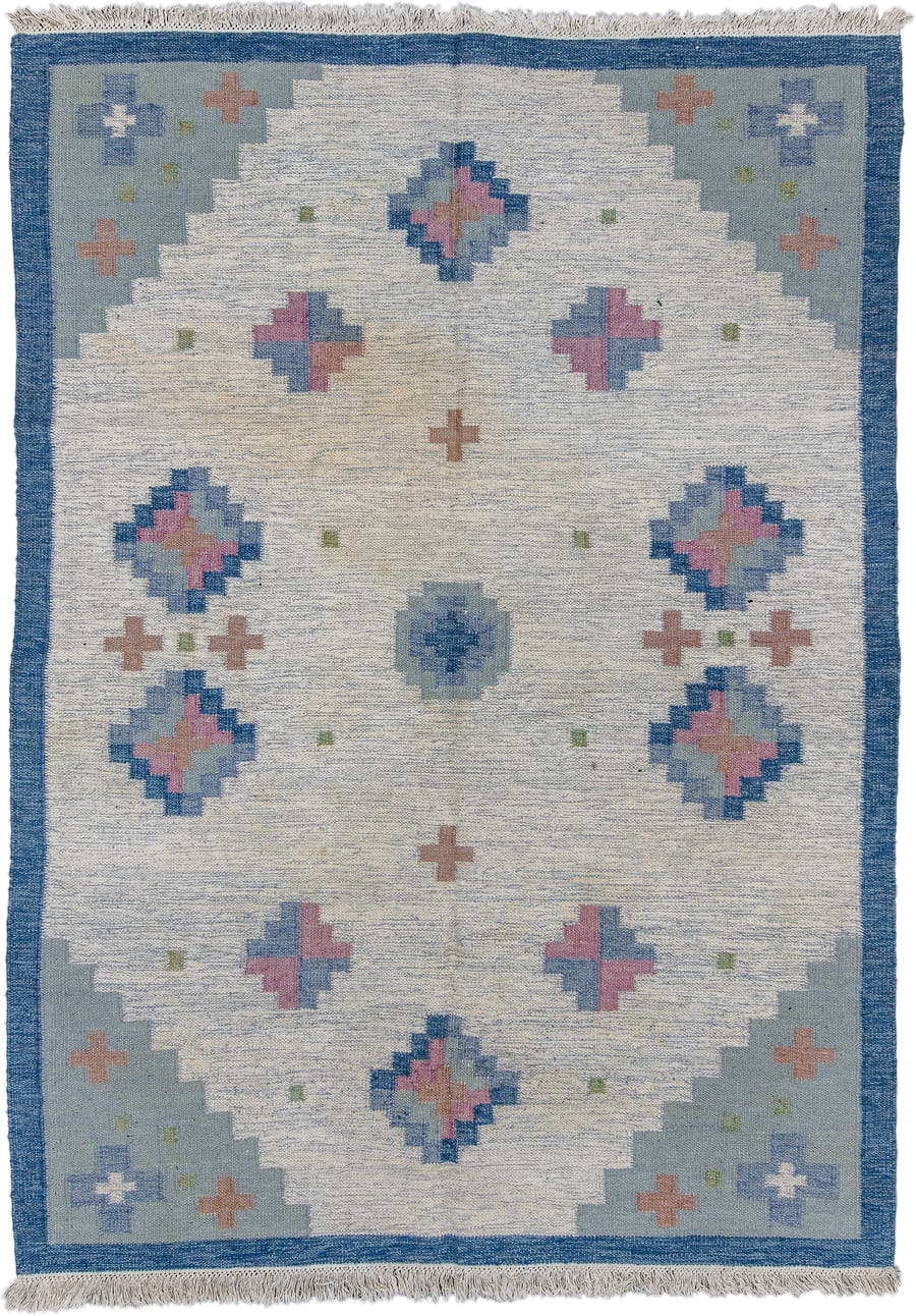 6' x 9' one-of-a-kind handmade antique Rollaken medium size rug. Color palette: ivory, blue, powder_blue, blush, peach, sage