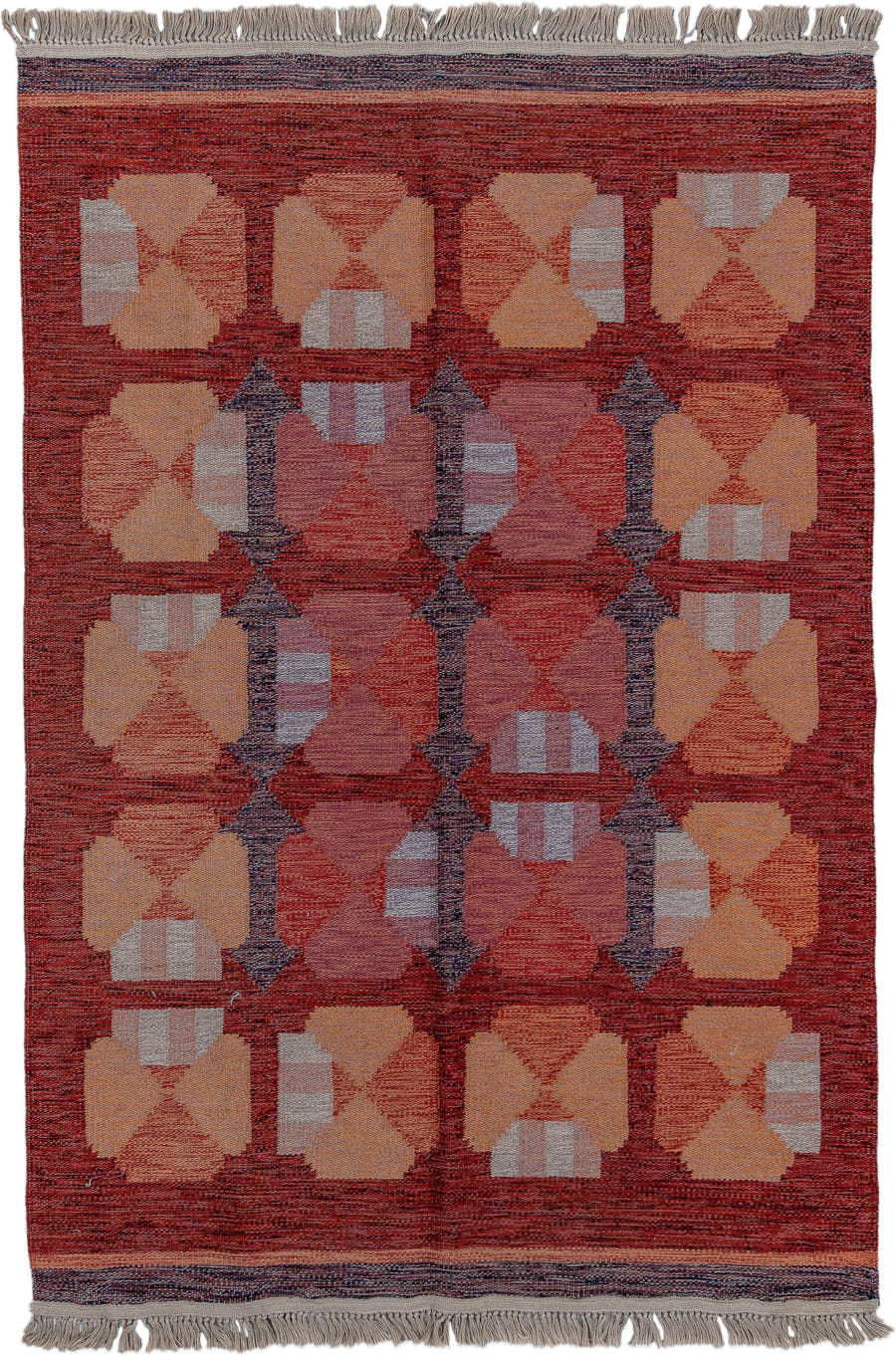 5' x 8' one-of-a-kind handmade antique Rollaken medium size rug. Color palette: rust, terra cotta, peach, blush, slate