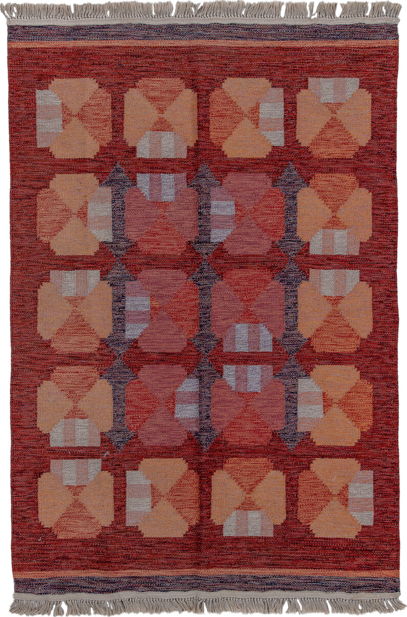 5' x 8' one-of-a-kind handmade antique Rollaken medium size rug. Color palette: rust, terra cotta, peach, blush, slate