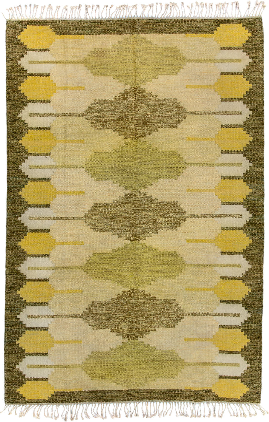 5' x 8' one-of-a-kind handmade antique Rollaken medium size rug. Color palette: olive, ivory, yellow, taupe, cream, green