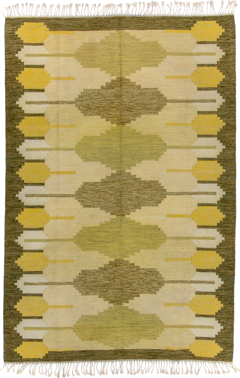 5' x 8' one-of-a-kind handmade antique Rollaken medium size rug. Color palette: olive, ivory, yellow, taupe, cream, green