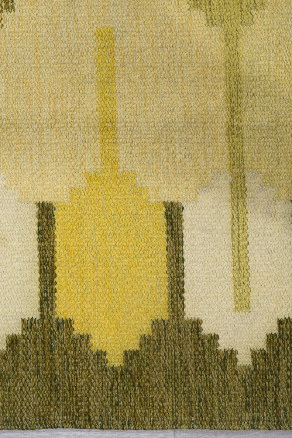 5' x 8' one-of-a-kind handmade antique Rollaken medium size rug. Color palette: olive, ivory, yellow, taupe, cream, green