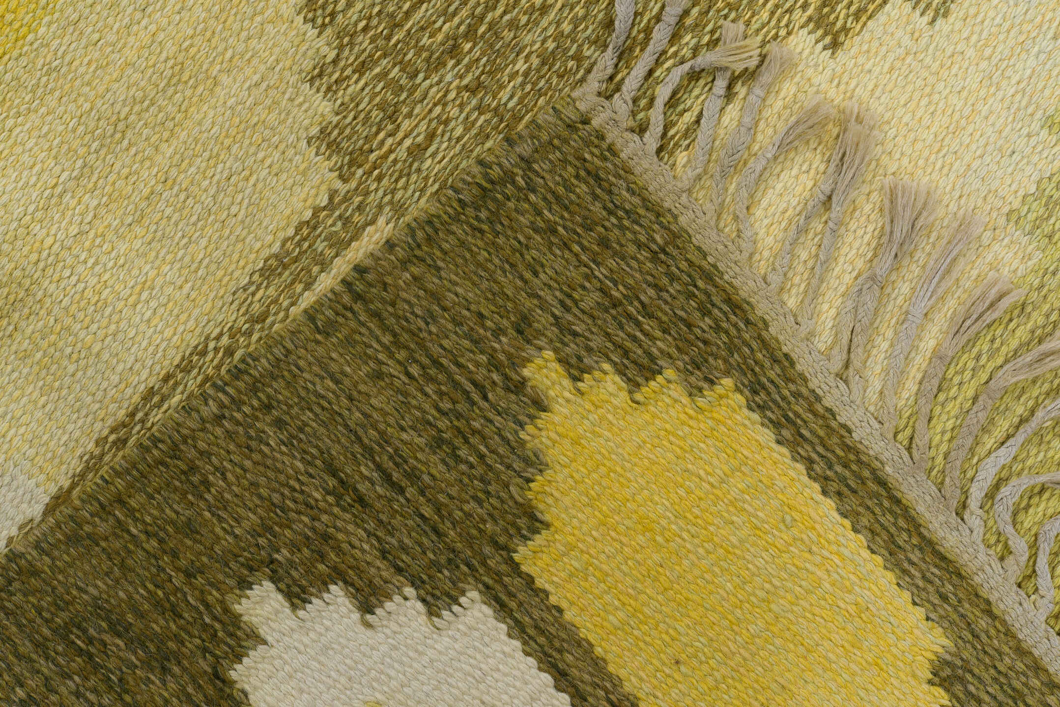 5' x 8' one-of-a-kind handmade antique Rollaken medium size rug. Color palette: olive, ivory, yellow, taupe, cream, green