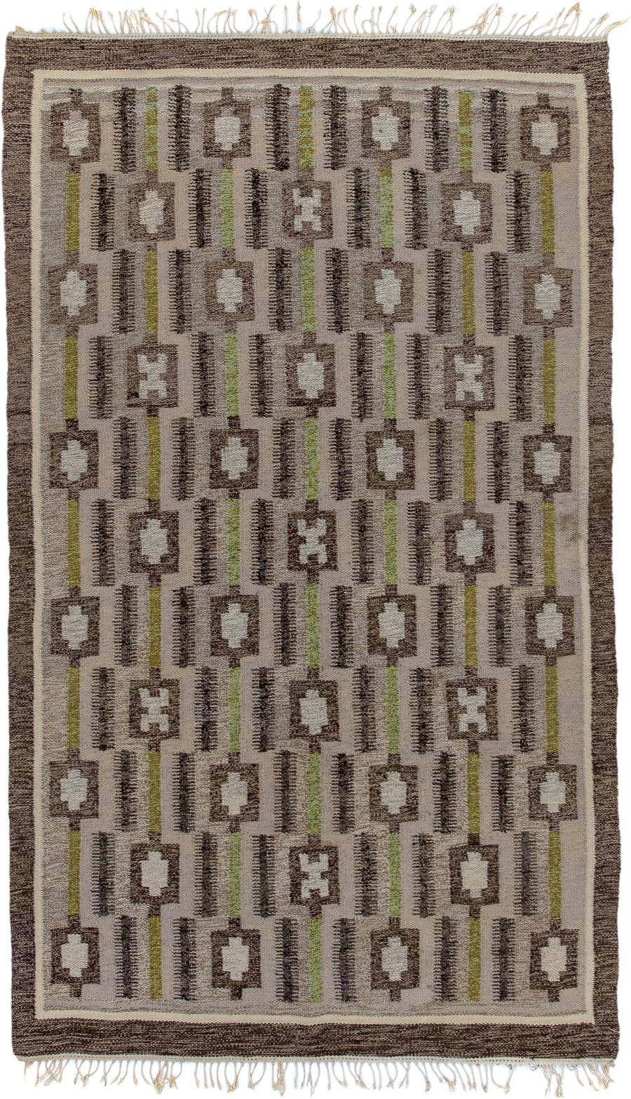 4' x 8' one-of-a-kind handmade antique Rollaken rug. Color palette: taupe, brown, ivory, olive, beige, gray, green