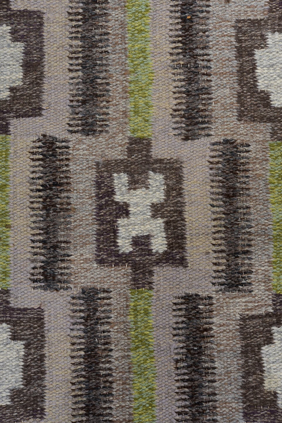 4' x 8' one-of-a-kind handmade antique Rollaken rug. Color palette: taupe, brown, ivory, olive, beige, gray, green