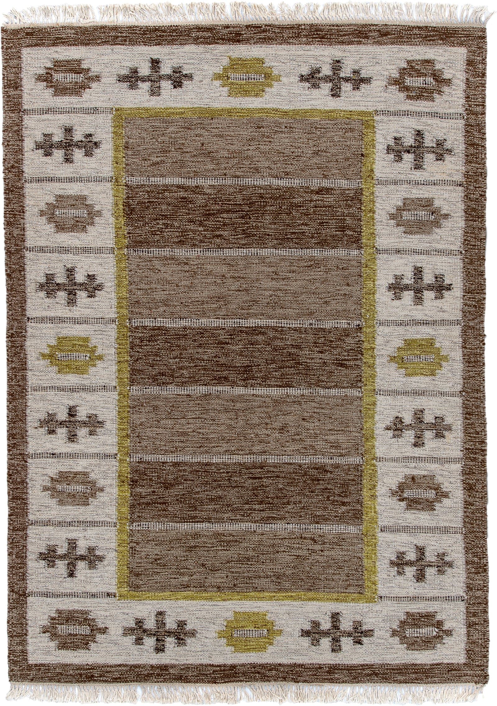 5' x 7' one-of-a-kind handmade antique Rollaken rug. Color palette: brown, ivory, taupe, olive, camel, beige, gray, green