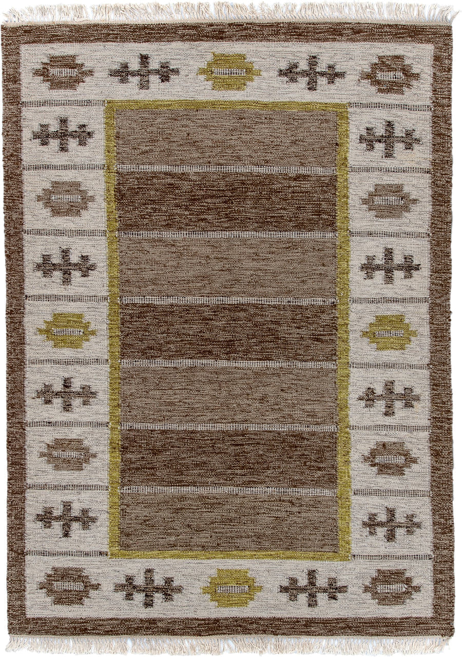 5' x 7' one-of-a-kind handmade antique Rollaken rug. Color palette: brown, ivory, taupe, olive, camel, beige, gray, green
