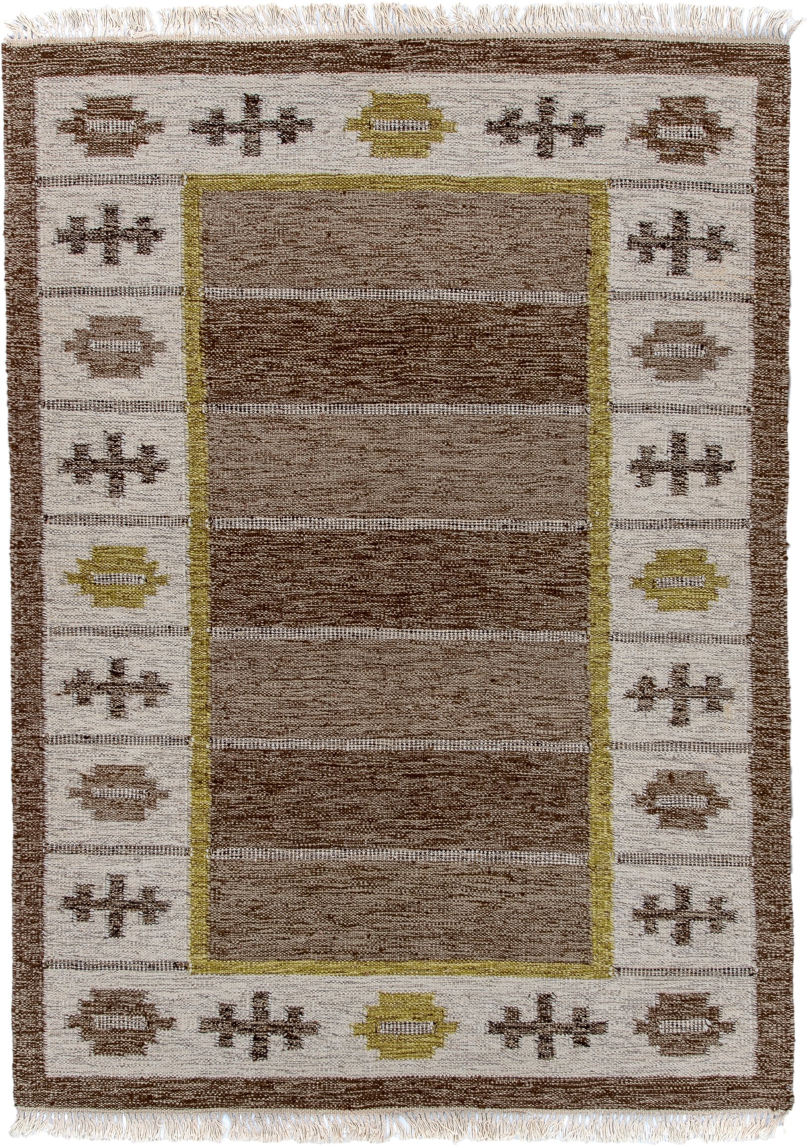 5' x 7' one-of-a-kind handmade antique Rollaken rug. Color palette: brown, ivory, taupe, olive, camel, beige, gray, green