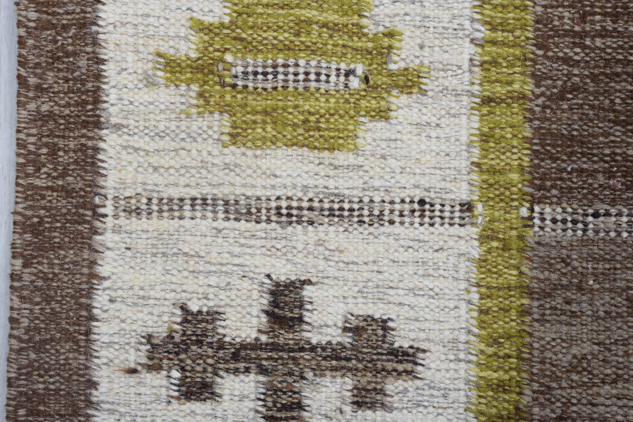 5' x 7' one-of-a-kind handmade antique Rollaken rug. Color palette: brown, ivory, taupe, olive, camel, beige, gray, green