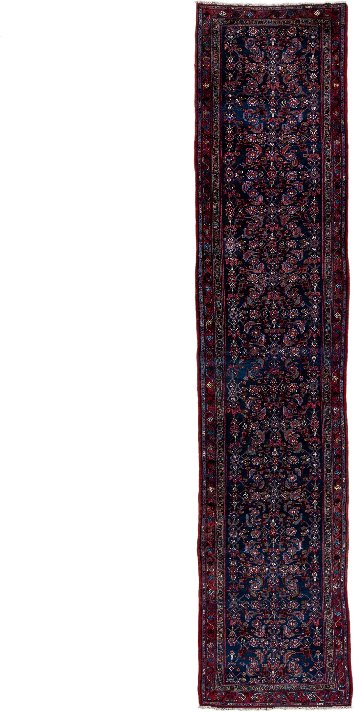 3' x 16' one-of-a-kind handmade antique Hamadan runner rug. Color palette: navy, rust, crimson, ivory, sky blue, burgundy