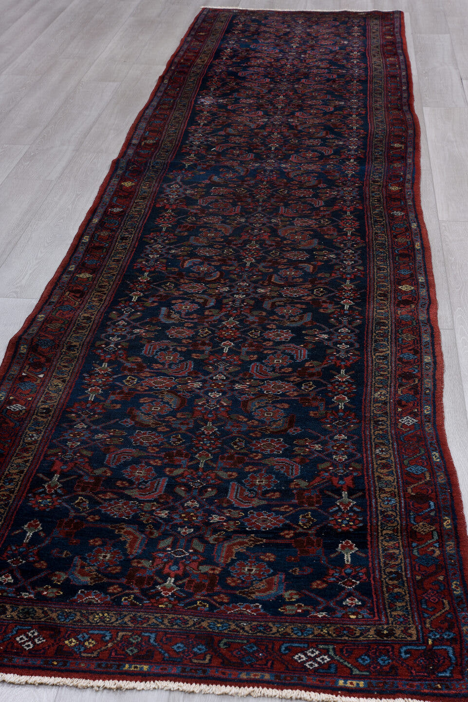 3' x 16' one-of-a-kind handmade antique Hamadan runner rug. Color palette: navy, rust, crimson, ivory, sky blue, burgundy