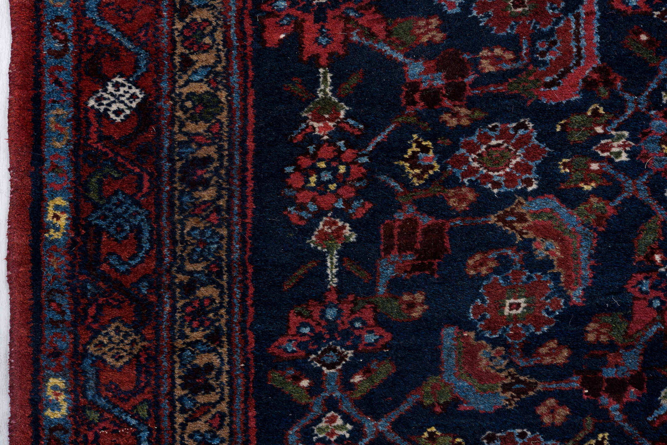 3' x 16' one-of-a-kind handmade antique Hamadan runner rug. Color palette: navy, rust, crimson, ivory, sky blue, burgundy
